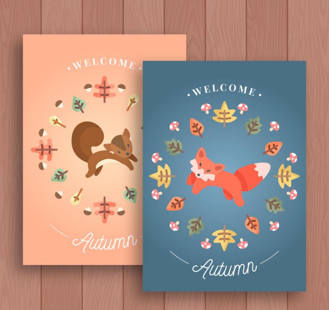 2款可爱秋季动物卡片矢量素材16素材网精选