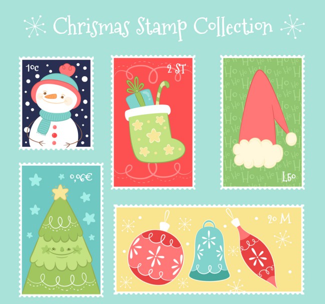 6款彩绘圣诞邮票矢量素材16素材网精选