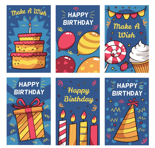 6款彩绘生日快乐卡片矢量素材16图库网精选