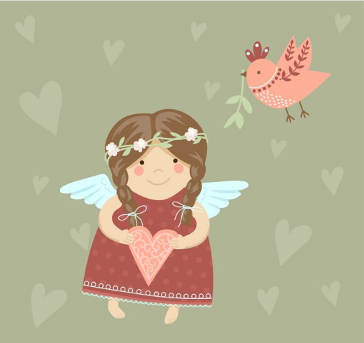 可爱天使女孩和小鸟矢量素材16图库网精选