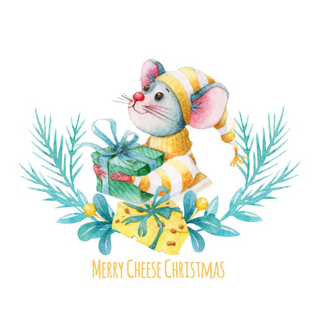 水彩绘圣诞节抱礼物的老鼠矢量图16设计网精选
