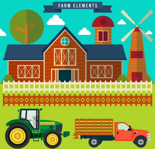 扁平化农场房屋和车辆元素矢量素材16素材网精选