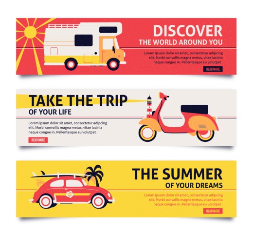 3款创意夏日旅行交通工具banner矢量素材16素材网精选