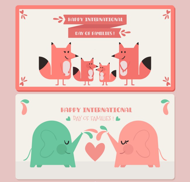 2款可爱国际家庭日狐狸和大象banner矢量图素材天下精选