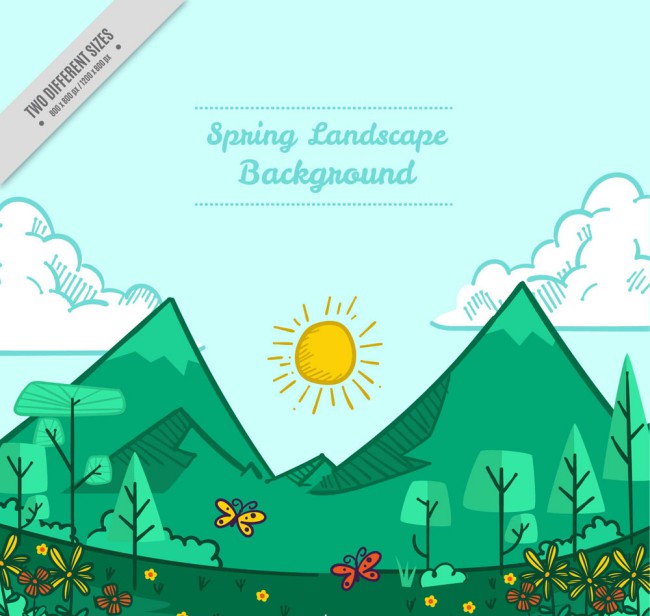 彩绘春季郊外山和树林风景矢量素材16图库网精选
