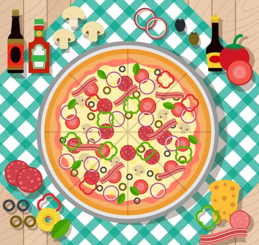 美味披萨和原料俯视图矢量素材普贤居素材网精选