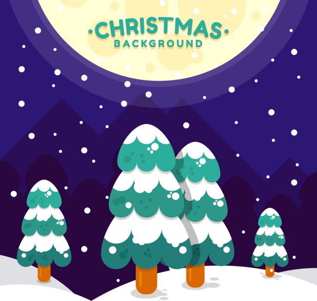 卡通圣诞夜郊外松树矢量素材16素材网精选
