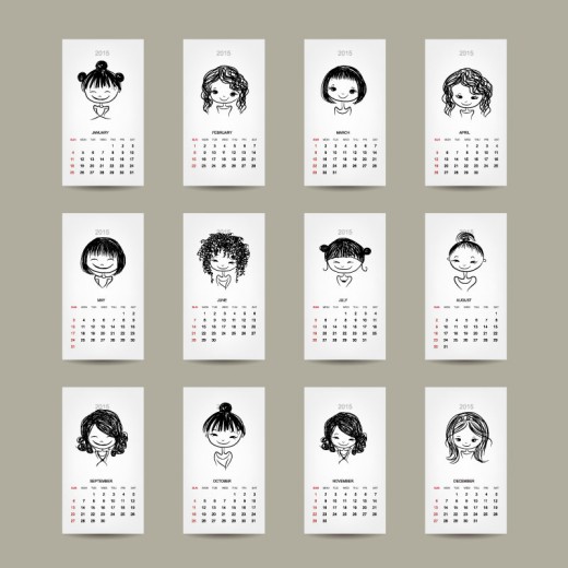 2015手绘女孩年历卡片矢量素材16设计网精选