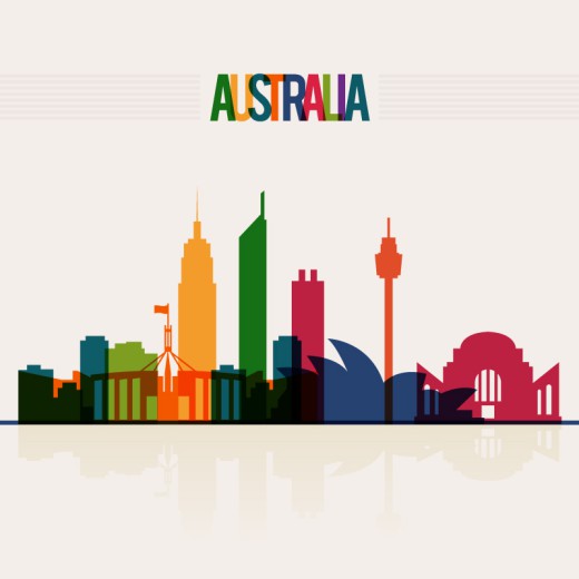 彩色澳大利亚城市剪影矢量图普贤居素材网精选