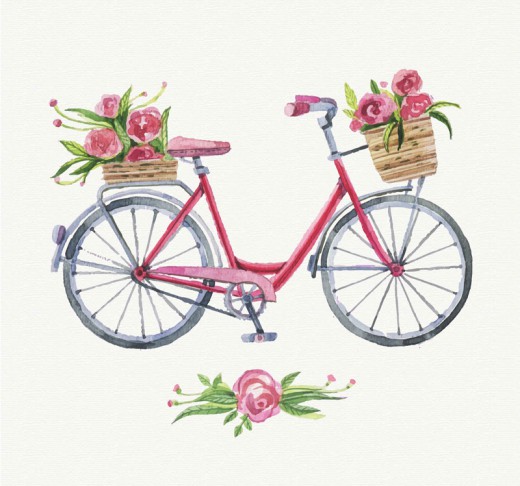 装满鲜花的单车水彩画矢量素材16素材网精选