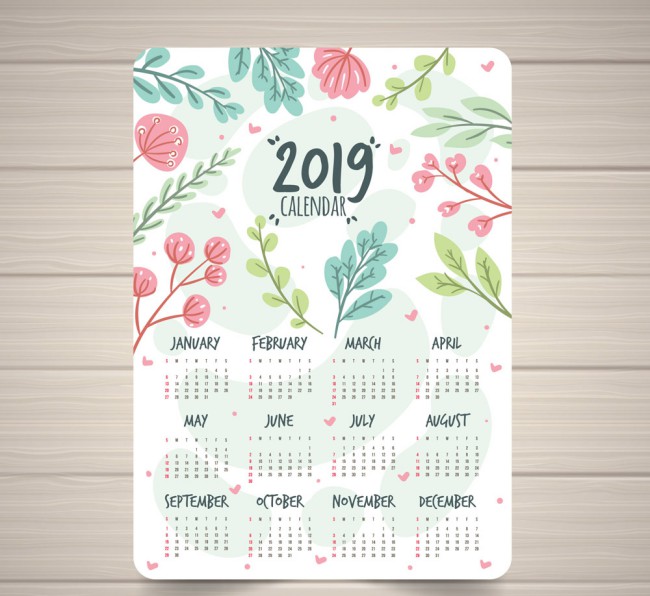 2019年彩绘花卉和树叶年历矢量素材16设计网精选
