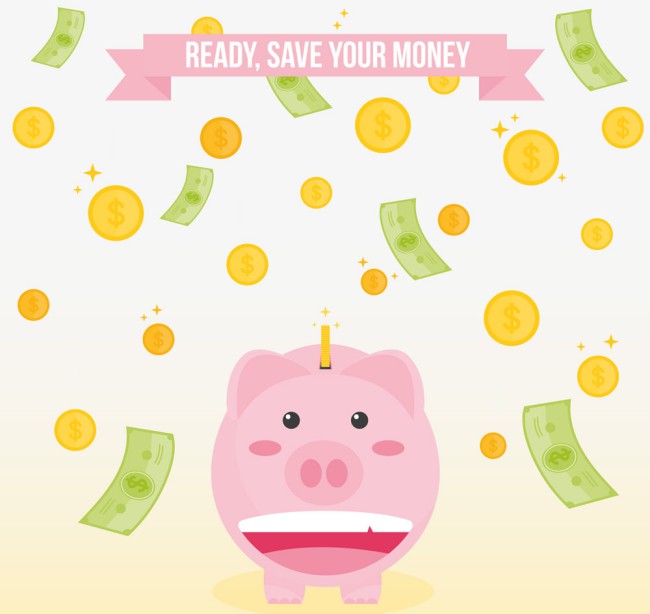 可爱笑脸猪存钱罐和钱币雨矢量图16素材网精选