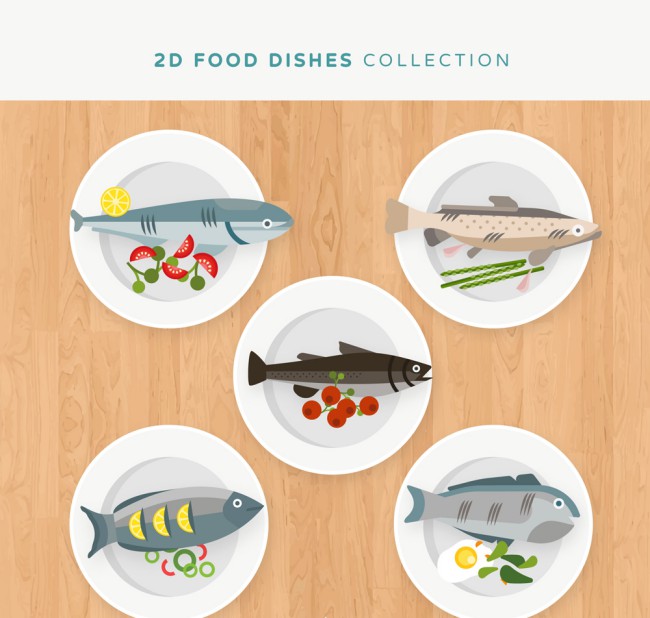 5款美味鱼料理俯视图矢量素材16图库网精选