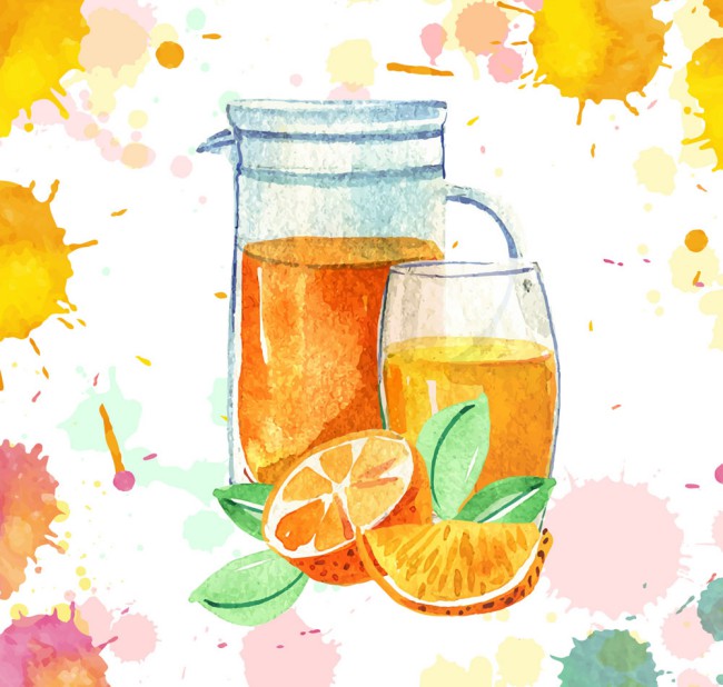 水彩绘橙子橙汁和杯具矢量素材16图库网精选