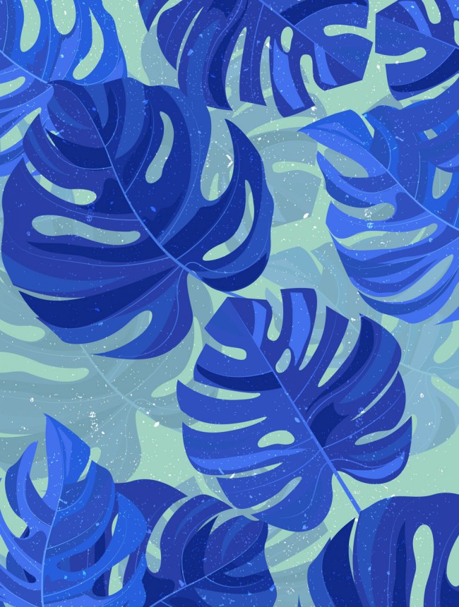 蓝色龟背竹叶无缝背景矢量图素材天下精选