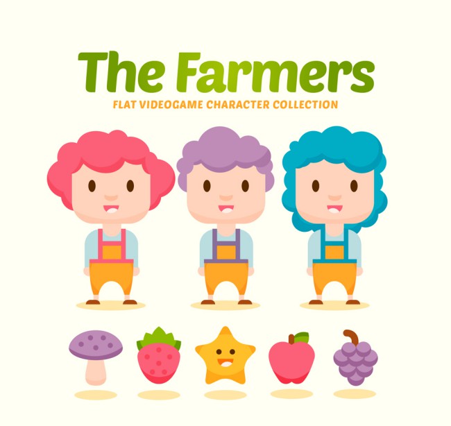 3款卡通农场游戏人物和4款水果矢量图素材天下精选