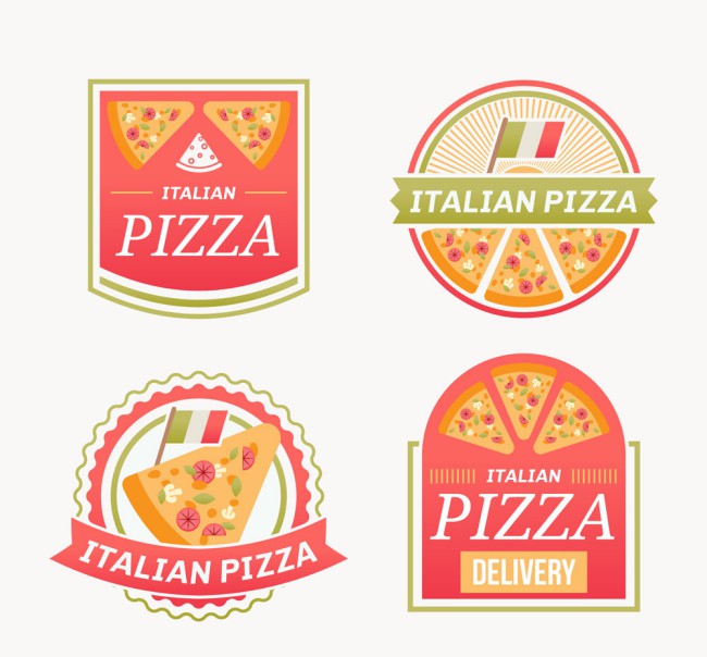 4款彩色披萨快餐标签矢量素材普贤居素材网精选