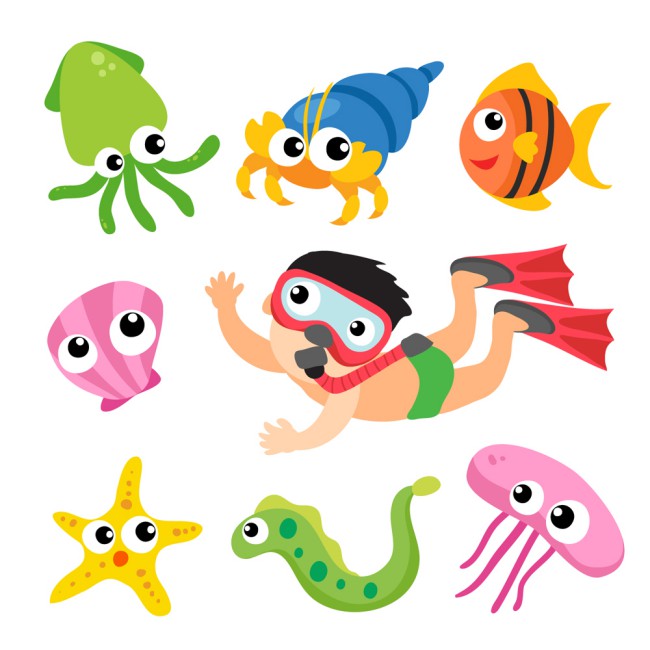 卡通潜水男孩和7款海洋动物矢量图素材中国网精选
