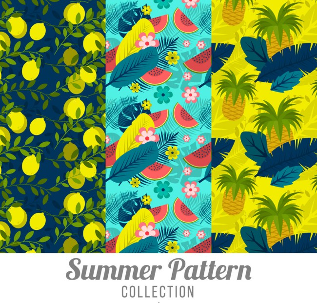 3款彩色夏季水果和植物无缝背景矢量图16设计网精选