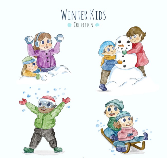 7个冬季雪后玩耍的儿童矢量素材素