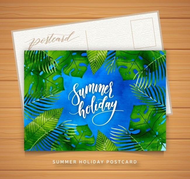 水彩绘棕榈树叶夏季明信片矢量图16设计网精选