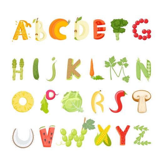 26个蔬菜水果字母设计矢量素材普贤