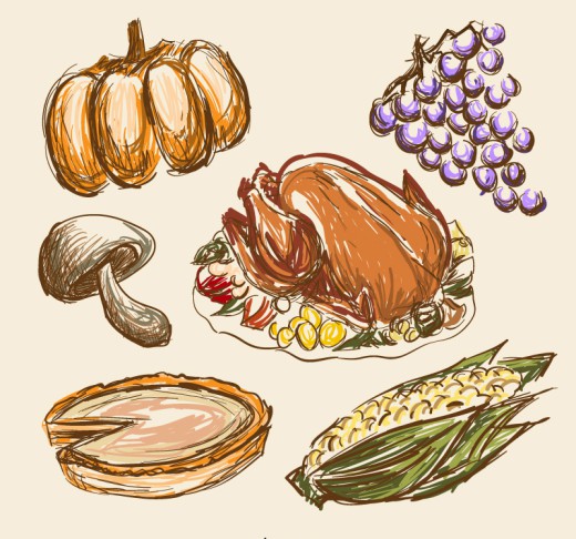 6款彩绘感恩节食物矢量素材素材中