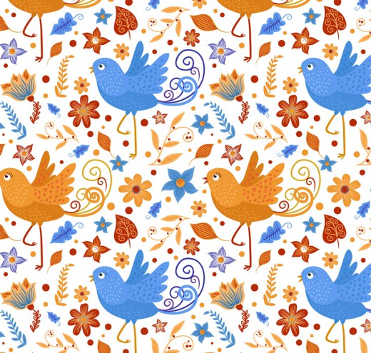 彩色花朵和鸟无缝背景矢量素材16图库网精选
