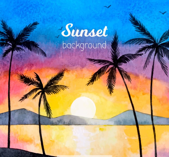 美丽夕阳下的沙滩棕榈树风景矢量素材16图库网精选