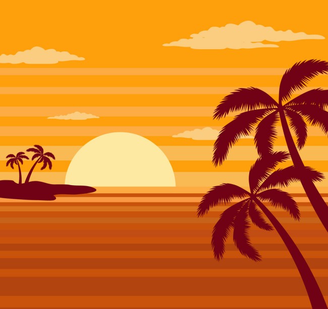 夕阳下的大海和棕榈树矢量图普贤居素材网精选