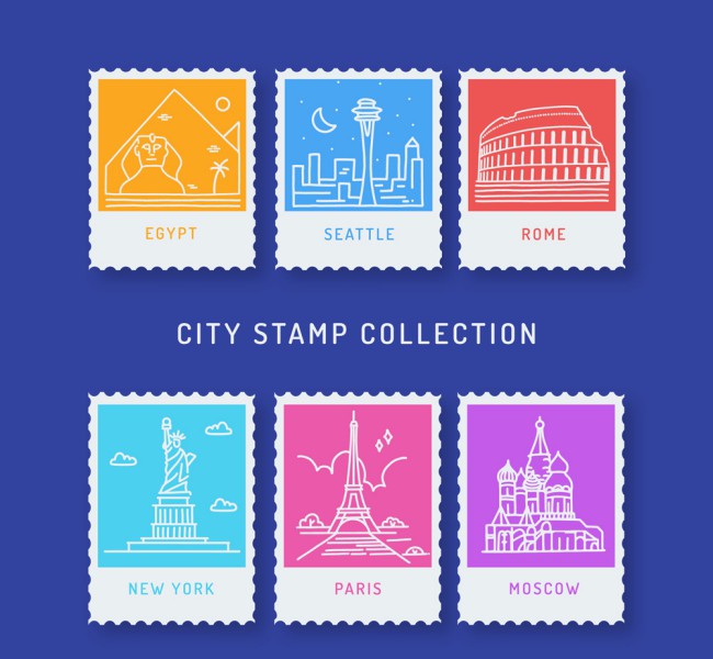 6款白色旅游城市邮票矢量图素材中国网精选
