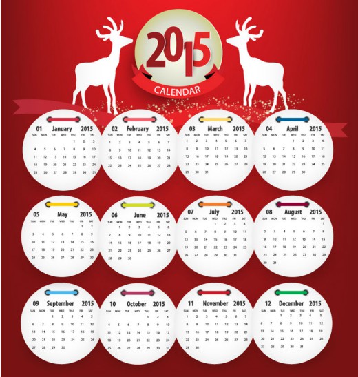2015红色驯鹿年历矢量素材16设计网精选