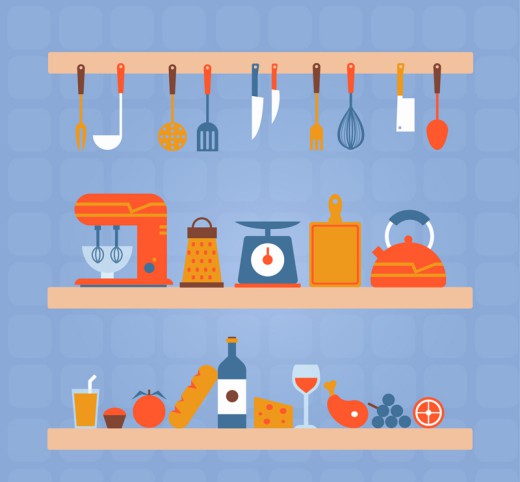 彩色架子上的厨具和食物矢量图素材