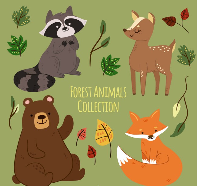 4种可爱森林动物和叶子矢量素材16图库网精选