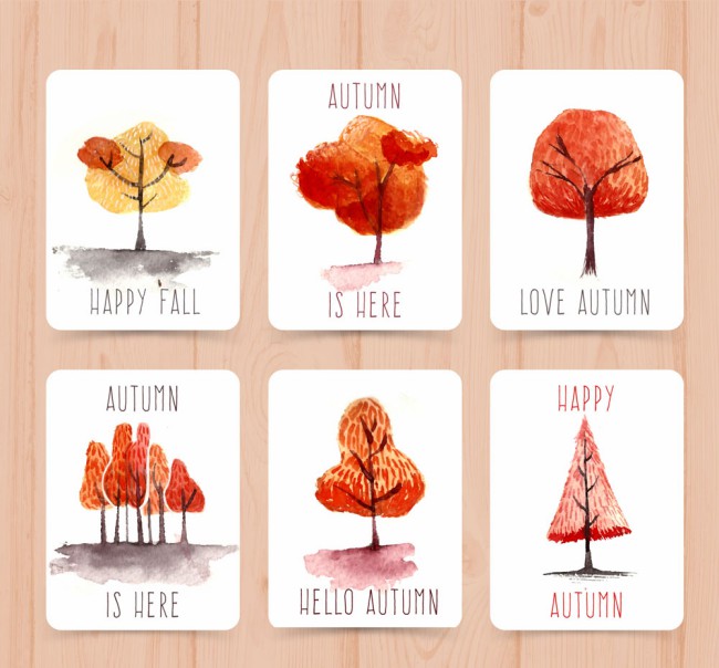 6款水彩绘秋季树木卡片矢量素材16素材网精选