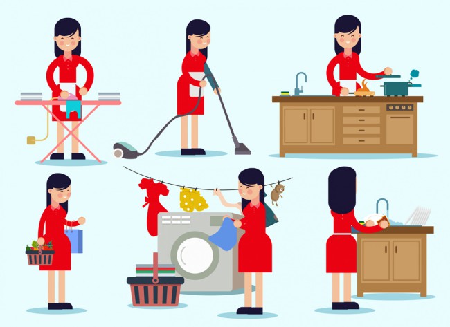 6款创意做家务的女子场景矢量素材