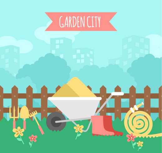 创意花园城市和园艺工具插画矢量素材普贤居素材网精选
