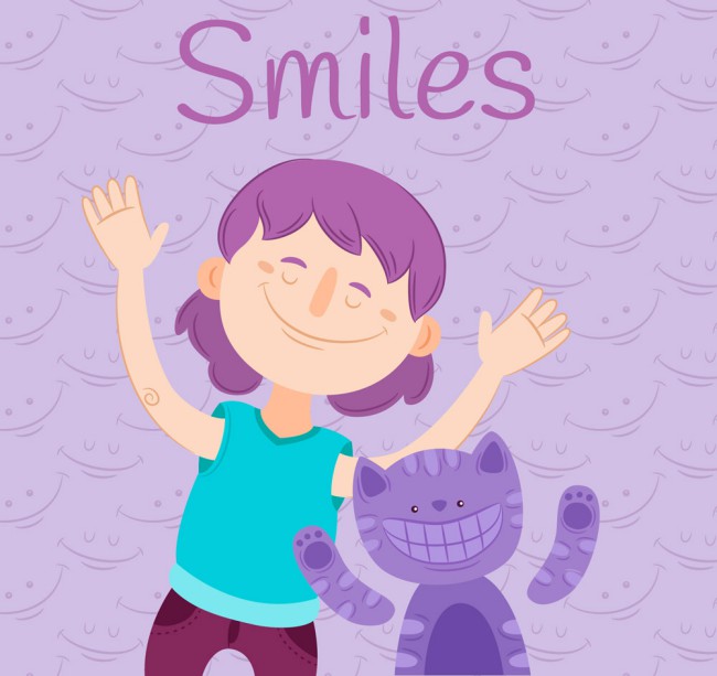紫色笑脸猫咪和女孩矢量素材16图库网精选
