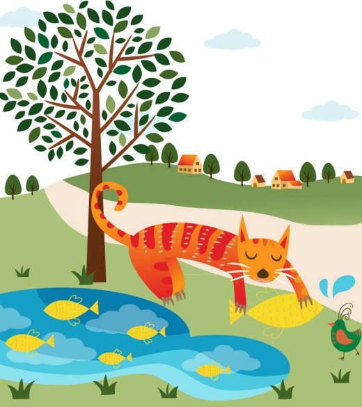 池塘边捉鱼的猫矢量素材16设计网精选