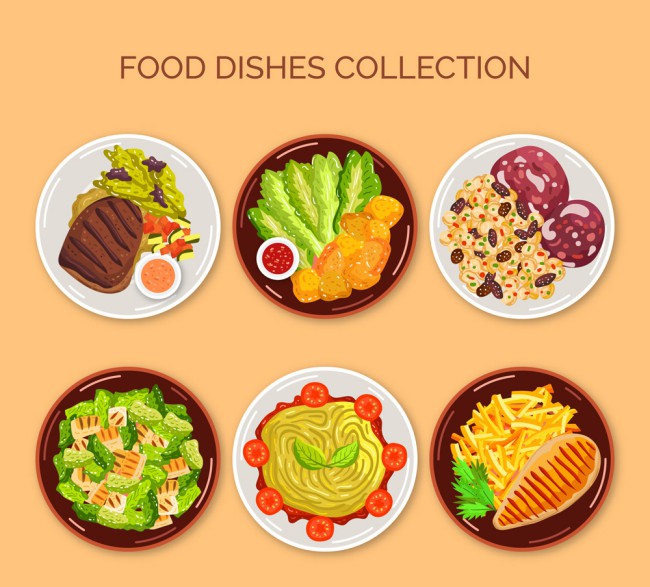 6款美味餐盘里的食物俯视图矢量图素材中国网精选