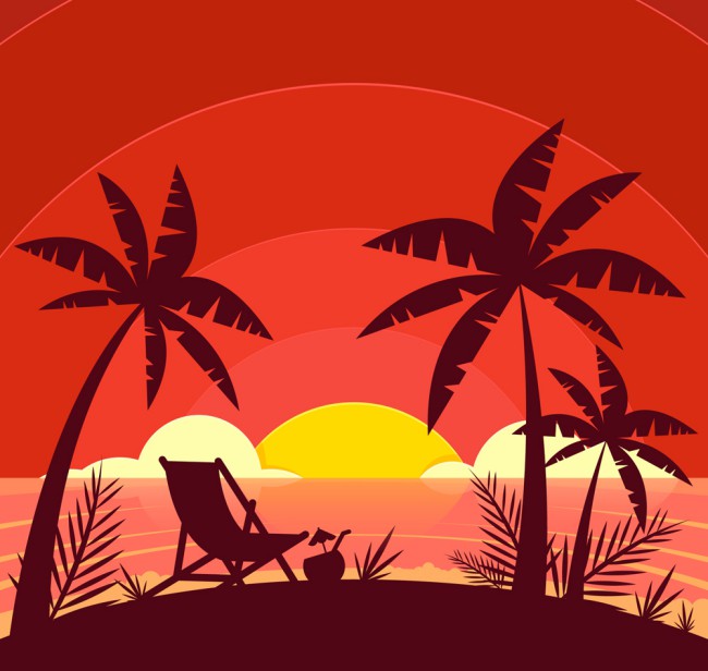 创意度假沙滩夕阳剪影矢量素材16设计网精选