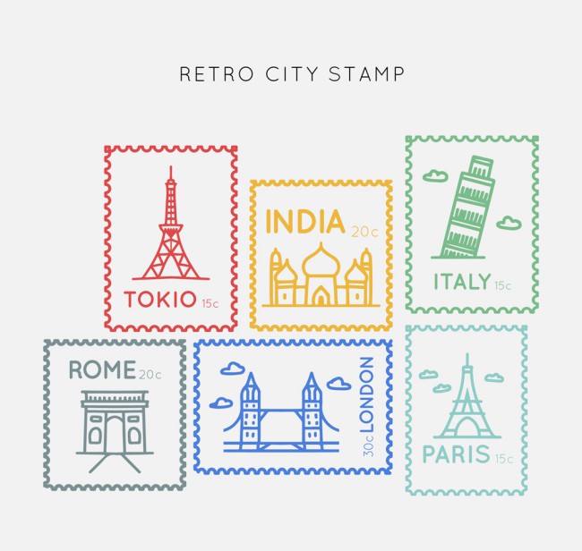 6款彩色复古城市邮票矢量素材素材