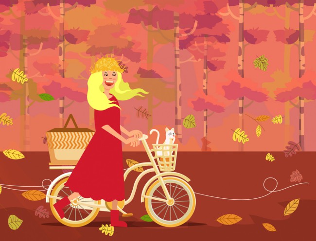 创意秋季风中推单车的女子矢量图16图库网精选
