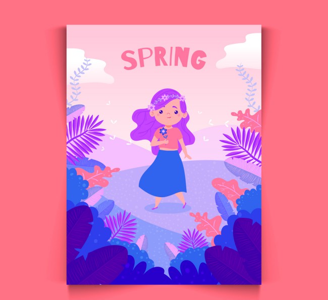 可爱春季女孩卡片设计矢量素材16图库网精选