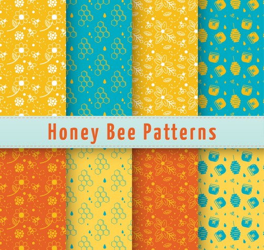 8款彩色蜜蜂元素无缝背景矢量图16素材网精选