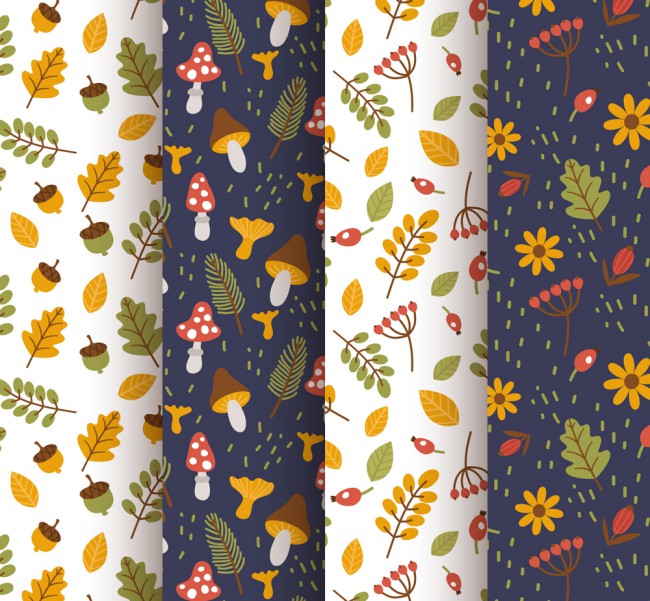 4款彩色秋季树叶花草无缝背景矢量图16素材网精选