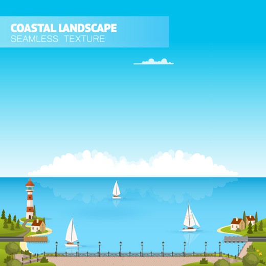 卡通海岸和帆船风景矢量素材16素材网精选