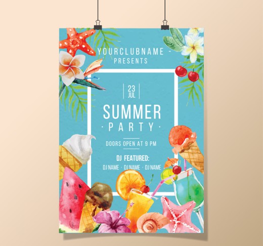 夏季花卉与食物派对海报矢量图16设计网精选