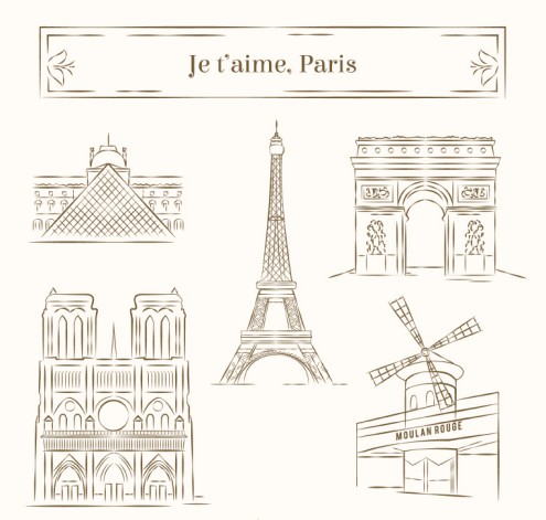 5款手绘巴黎著名建筑矢量素材素材