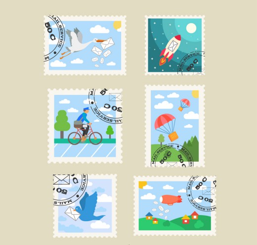 6款清新盖邮戳的邮票设计矢量素材普贤居素材网精选